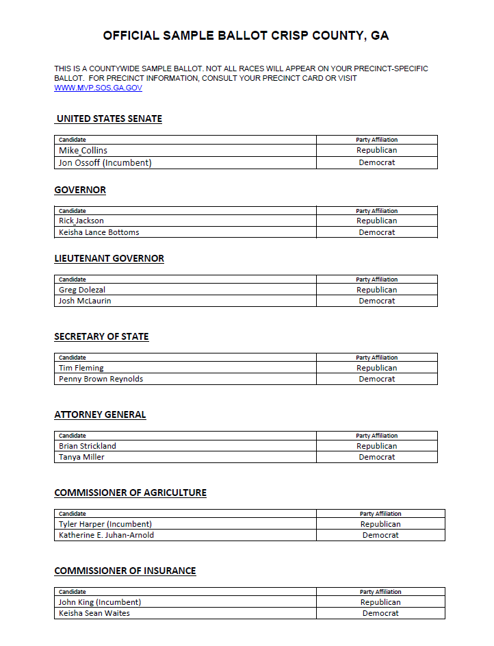 Crisp County Sample Ballot Page 1