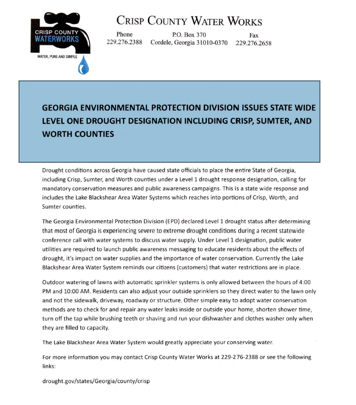 Crisp County Waterworks Drought Conditions Notice
